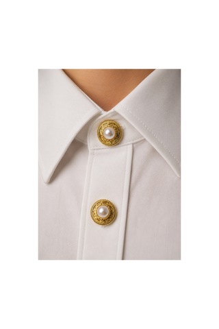 Button İncili Düğme Broşu - Vintage İnci Detaylı Gold Altın Gömlek Yaka Kol Düğme Aksesuarı Beyaz