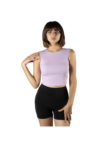 Terapi Men Lila Fitted/vücuda Oturan Crop Halter Yaka Fitilli Esnek Örme Bluz Atlet LILA