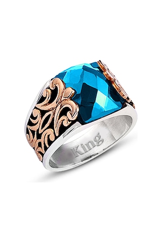 Kuyumcudukkanı Baget Taşlı Yanı Bronz Parçalı Elyapımı Gümüş Erkek Yüzük-60009-w-blu 21 Beyaz