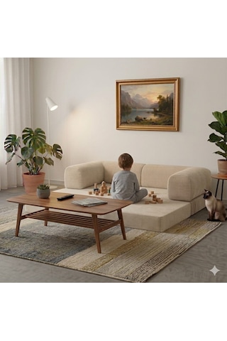 Herev 160x80 Sünger Koltuk İki Kişilik Kanepe Yataklı Yıkanabilir Kadife Kumaşlı Krem