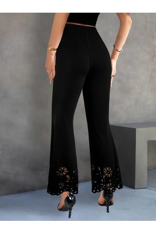 Leyla Sanat Sanata Yeni Bir Bakış Açısı Kadın Yüksek Bel Paçaya Doğru Genişleyen Lazer Çiçek Kesim Detaylı Ithal Krep Pantolon Siyah