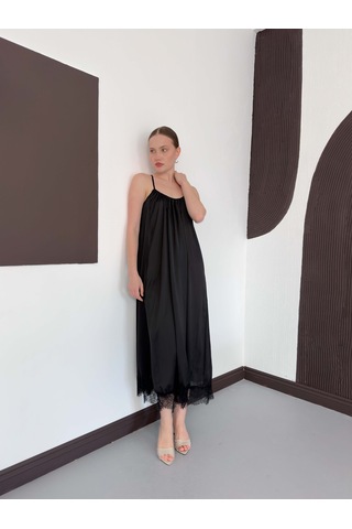 Verymoda Dantel Detaylı Saten Elbise D3022 Siyah