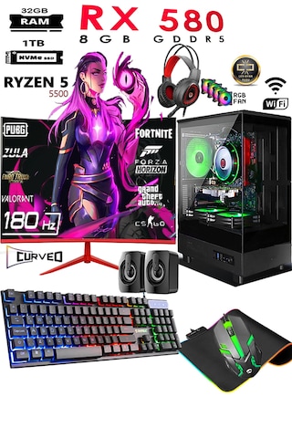 Apphirex TC82X R5-5500 32 GB 1 TB M.2 RX580 8 GB 24'' W10P Masaüstü Oyuncu Bilgisayarı