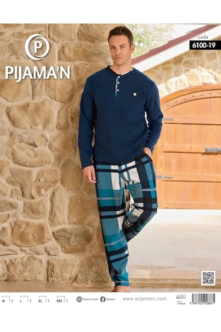 Pijamoni Erkek Düğme Yaka Kışlık Polar Pijama Takımı 6100/19 - 1 Adet Mavi