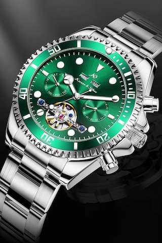 Kronen&söhne Verlux Zümrüt Yeşil Premium Tourbillon Otomatik Erkek Kol Saati Gümüş