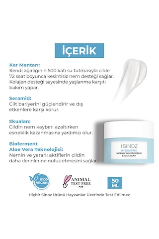 Sinoz Hydrapro Su Bazlı 72 Saat Yoğun Nemlendirici Yüz Bakım Kremi 50 ML