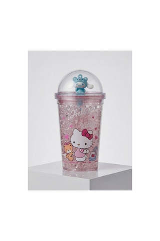 Sevimli Hello Kitty Kristal Figürlü Cam Bardak,450 Ml, Kız Çocuk Özel Tasarım Pipetli Plastik Suluk,matara,model2 Mavi