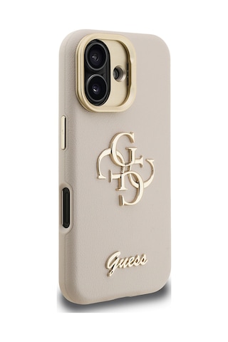 Apple iPhone 16 Uyumlu Kılıf Guess Lisanslı Grained Yazı Logolu Kamera Standlı Kapak Bej