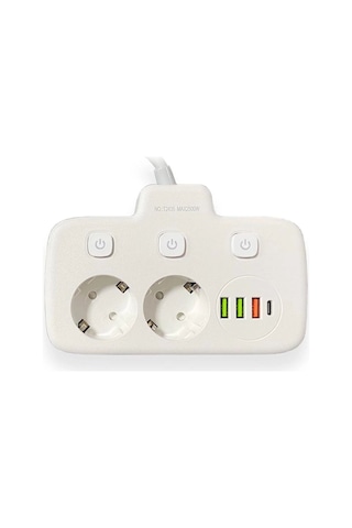Akım Korumalı 2 Li Ayrı Anahtarlı Priz, 2x Priz, 3x Usb, 1x Type-c, 2 Mt Kablo, Hızlı Şarj 0.1 M