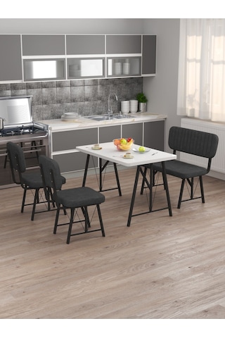 Hayat 70x110 Beyaz Mutfak Masası, Mutfak Masası Takımı, Yemek Masası, 2 Sandalye 1 Bench - Antrasit Antrasit