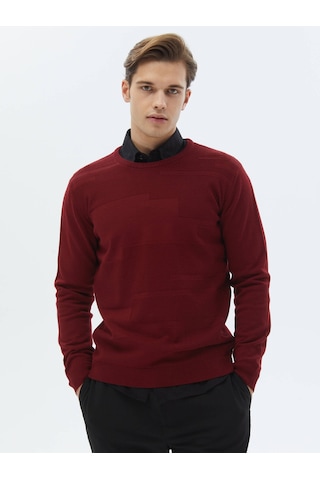 Kırmızı Bisiklet Yaka Jakarlı Yün Karışımlı Triko Kazak Kırmızı