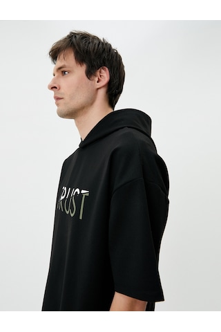 Koton Sweatshirt Eşofman Üstü Baskılı Kapüşonlu Kısa Kollu Siyah 4wam70056nk Siyah
