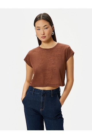 Koton Crop Tişört Kısa Kollu Slim Fit Bisiklet Yaka Kahverengi 4sak50020ek 4SAK50020EK517 Kahve