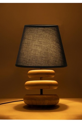 Afro Masif Ahşap Ayaklı Siyah Kumaş Şapkalı Dekoratif Abajur Siyah