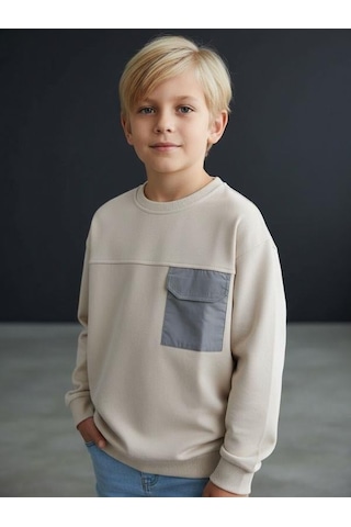 Zekids Erkek Çocuk Cep Detaylı Pamuklu İnce Sweatshirt-16650 Bej