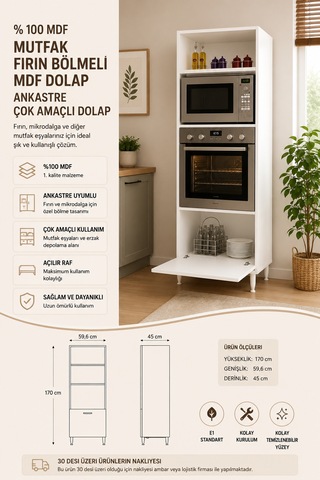 Renazzo %100 Mdf Mutfak Fırın Bölmeli Mdf Dolap Ankastre Çok Amaçlı Beyaz