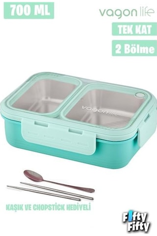Vagonlife Bento 700ml Tek Katlı 2 Bölmeli Chopstick Ve Kaşıklı Çelik Yemek Kutusu Turkuaz Beyaz