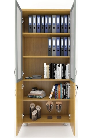 Modüler Dünyası 2 Cam Kapaklı Kilitli Dosya Dolabı Teak 80X38X188 Teak