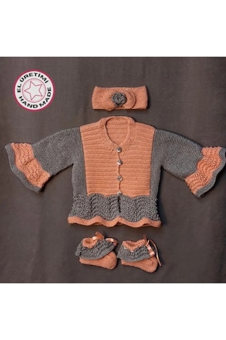 Uretti - Talia 8659 - 3969 El Örgüsü Kız Çocuk Hırka - Bandana - Patik 3'lü Takım - 2 Yaş Yavruağzı
