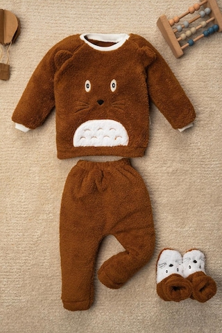 Mai Perla Totoro Nakışlı Welsoft Peluş 3'lü Bebek Takım Kahverengi