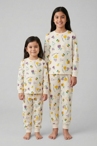 Magnifi Ove Yazılı Lale Baskılı Kız Çocuk Pijama Takımı Ekru