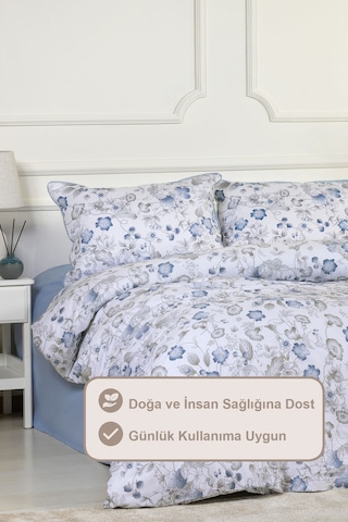 Elart Rose Nevresim Takımı Çift Kişilik Digital Baskılı %100 Pamuk Saten Dantelli 200x220 Cm Mavi Mavi