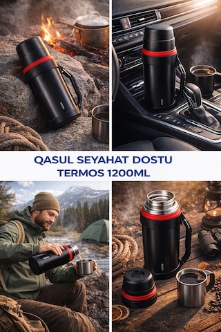 Qasul 1200ml Seyahat Termosu Paslanmaz Çelik, Sıcak & Soğuk Tutma Özellikli Büyük Boy Termos Siyah