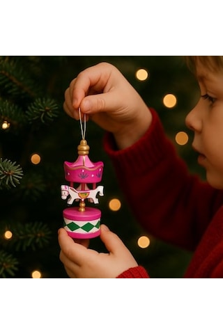 6'li Ahşap Mini Atlıkarınca Süs Seti Vintage Asılabilir Noel Ağacı Ve Masa Dekoru, Renkli El Boyama Tasarım, Genel