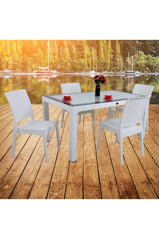 Mandella Elit Rattan 90x150 4 Kişilik Elit Sandalye Camlı Masa Takımı Beyaz Diğer