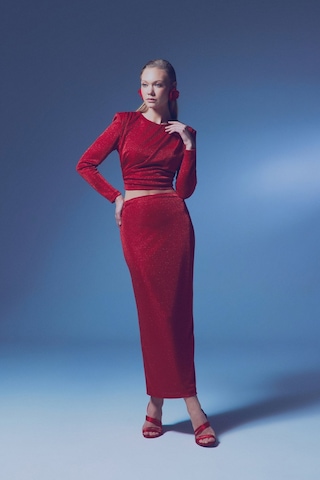 Sateen Simli Midi Etek - Kırmızı-135386 Kırmızı