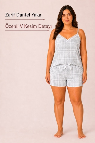 Bravie Kadın Büyük Beden İp Askılı Yakası Dantelli Ekose Desenli Gri Yazlık Pijama Takımı