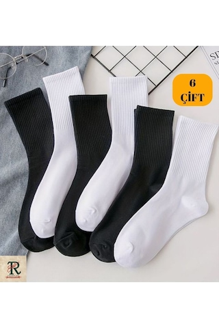 Trampler Düz Tenis Çorap Unisex Kolej Çorap 6'Lı Siyah - Beyaz