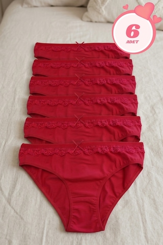 Mataş Kadın 6'lı Paket Dantel Detaylı Pamuklu Bikini Külot Esnek İz Yapmaz Yumuşak İç Çamaşırı Kırmızı