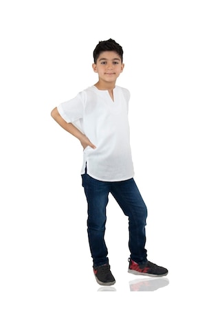 Eliş Şile Bezi Kısa Kol Şile Bezi Bisiklet Yaka Erkek Çocuk Tshirt Beyaz 3001