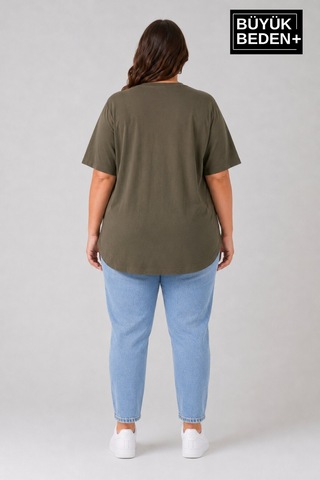 Superlife Süperlife Büyük Beden Kadın Bisiklet Yaka Basic Oval Etek Detalylı 3xl-6xl Uzun Tunik Spr26btsk502 Haki