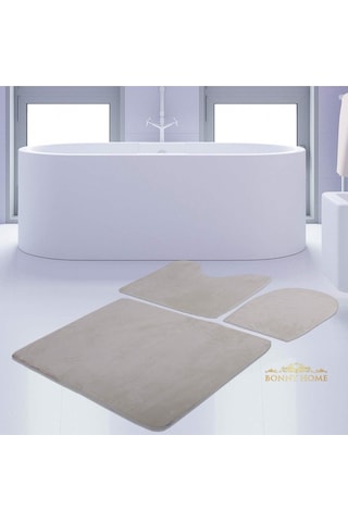 Bonny Home Unicolor Düz Krem 3lü Banyo Paspası Halısı Seti Kaymaz Krem