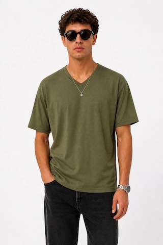 Erkek V Yaka Basic Tişört Kısa Kol Yazlık Regular Fit T-shirt - Haki Çok Renkli