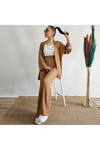 İpli Latte Renk Cep Detaylı Bol Paça Kimono Takım Latte