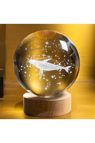 3d Balina Kristal Küre Gece Lambası Standlı, Cam Küre Işık, Hediye Ada