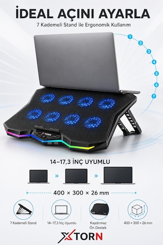 Torn Rgb Laptop Soğutucu 8 Fanlı Ayarlanabilir Standlı Notebook Soğutucu