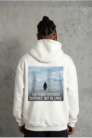 Barlashive Erkek Survivor Penguin Baskılı 3 İplik Pamuklu Kapüşonlu Sweatshirt Hoodie Beyaz Çok Renkli