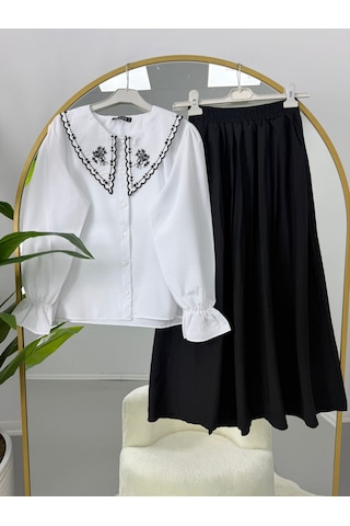 Lovie Moda Nakışlı Bebe Yaka Bluz Jakar Etekli Takım Beyaz