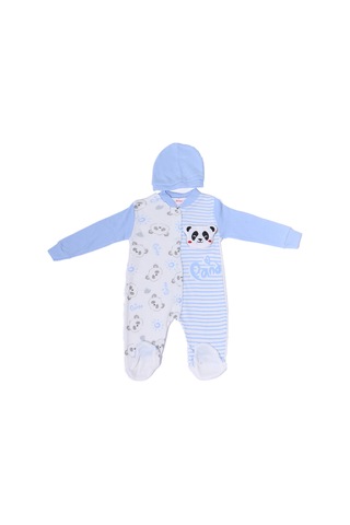 Hçm Erkek Bebek Tulum Şapkalı Panda Baskılı Çıtçıtlı D6 mavi