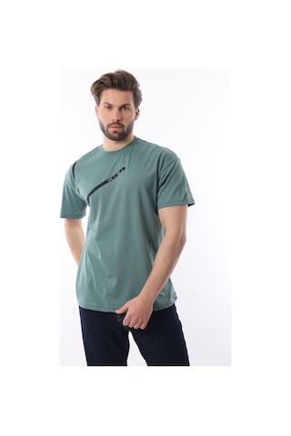 Madmext Yeşil Bisiklet Yaka Şerit Detaylı Pamuklu Erkek T-shirt E7033 Yeşil