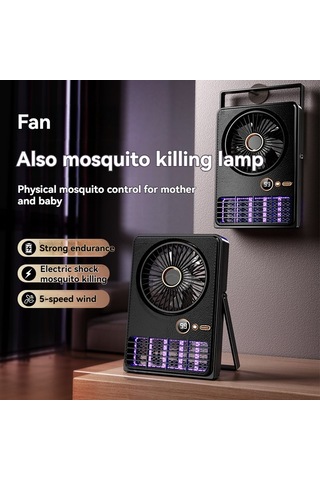 Symbee Siyah Usb 2-in-1 Mosquito Killer Fan: Duvar/desktop Montajlı, 5 Hızlı Fan, Led Ekranlı, 2000v Moskito Öldürücü Işık