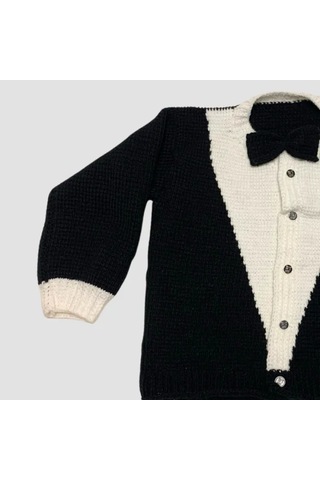 Uretti - Tuğba 9352 - El Örgüsü Erkek Çocuk Papyonlu Smokin Hırka - 7 Yaş Siyah