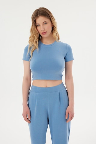 Hiccup Yuvarlak Yaka Temel Crop Top Mavi