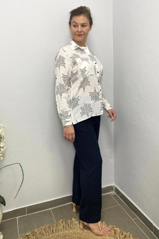 Mia Butik Kadın Siyah Yaprak Desenli Keten Takım