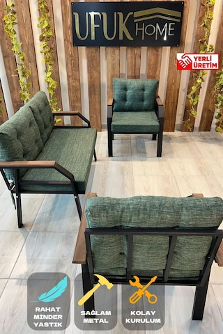 Ard & Garden 2 1 1 Balkon Takımı, Çay Seti, Metal Koltuk Takımı, Bahçe Takımı, Bahçe Mobilyası Koyu Yeşil