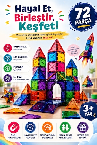 72 Parça Manyetik Yapı Blokları Eğitici Mıknatıslı İnşa Oyuncağı 3+ Yaş Çocuk Gelişim Oyuncağı